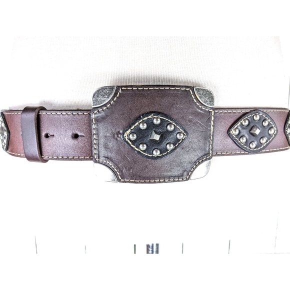 Vintage brown black silver studded leather large western buckle belt main image 6